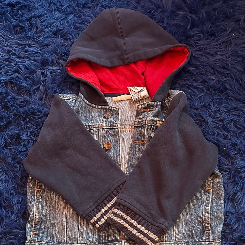 Levi's Kids Blue Jean Jacket with Nay Blue Sleeves and Red Hood